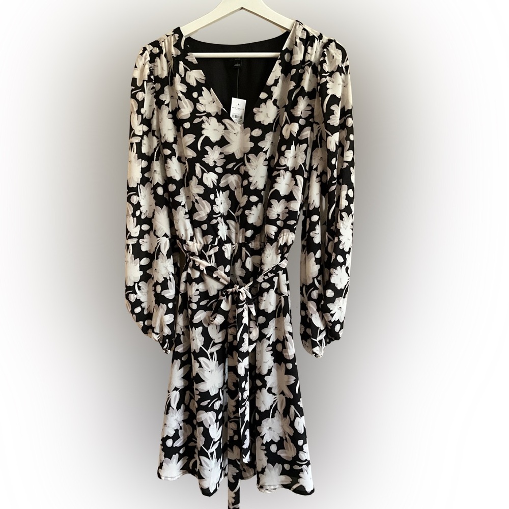 Ann Taylor Black, Cream and Taupe Long Sleeve Floral Dress - Size L